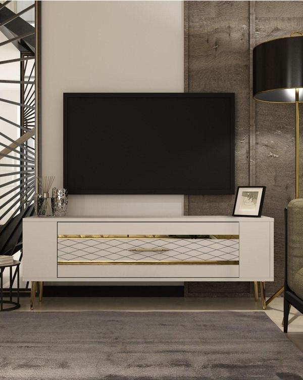 DemonteHome Retrolp2Dh Tv Sehpasi Beyaz Altin - Image 1