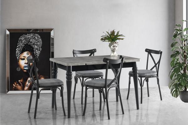 Yanlardan Açılır Yakamoz Masa Retro Gümüş Desen Topkapı Ayak 4 Adet Siyah Bahar Çapraz Sandalye  - Image 1