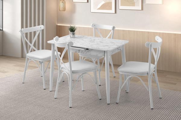 Açılır 60x100 Cm Mini Silva Beyaz Mermer Masa  4 Adet Çapraz Sandalye Takım - Image 1