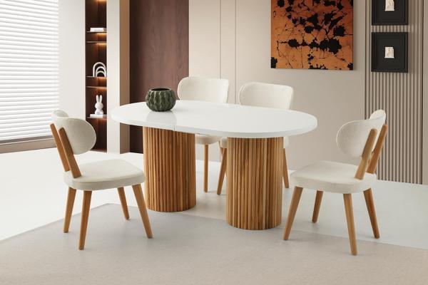 Açılır Oval HIGH GLOSS  Yemek Masası Takımı Masal Sandalye Natural 1 Masa 4 Sandalye ) - Image 1