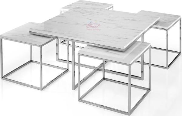 Kare Pizza Orta Sehpa Yuvarlak Krom  Mdf Highloss Marmo Desen - Image 1