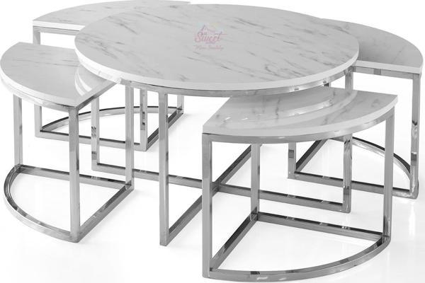 Pizza Orta Sehpa Yuvarlak Krom  Mdf Highloss Marmo Desen - Image 1