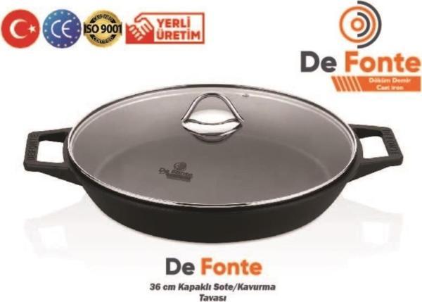 Defonte Döküm Demir Çap 36 cm Kavurma Tavası Yuvarlak Cam Kapak - Image 1