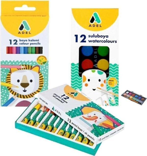 3 Lü Boyama Seti Kuru Boya + Pastel Boya + Sulu Boya - Image 1