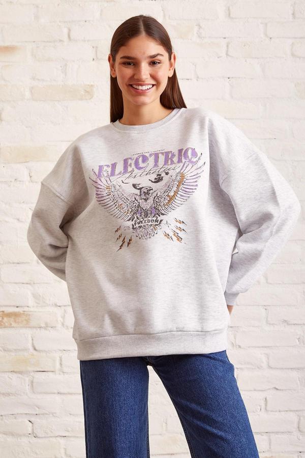 Bisiklet Yaka Baskılı Sweatshirt Kar Melanj - Image 1
