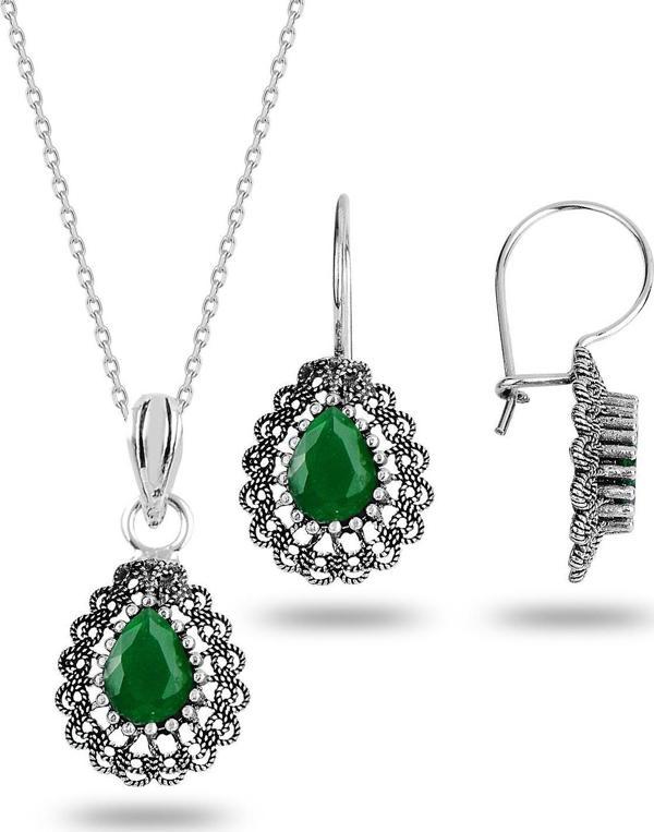 Gümüş kök zümrüt taşlı oksitli telkari işlemeli damla kolye ve küpe ikili set  [barcode] - Image 1