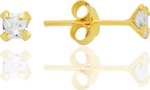 Gümüş zirkon taşlı, altın yaldızlı, kare (Prenses) kesim 3 mm tektaş küpe [barcode] - Image 1