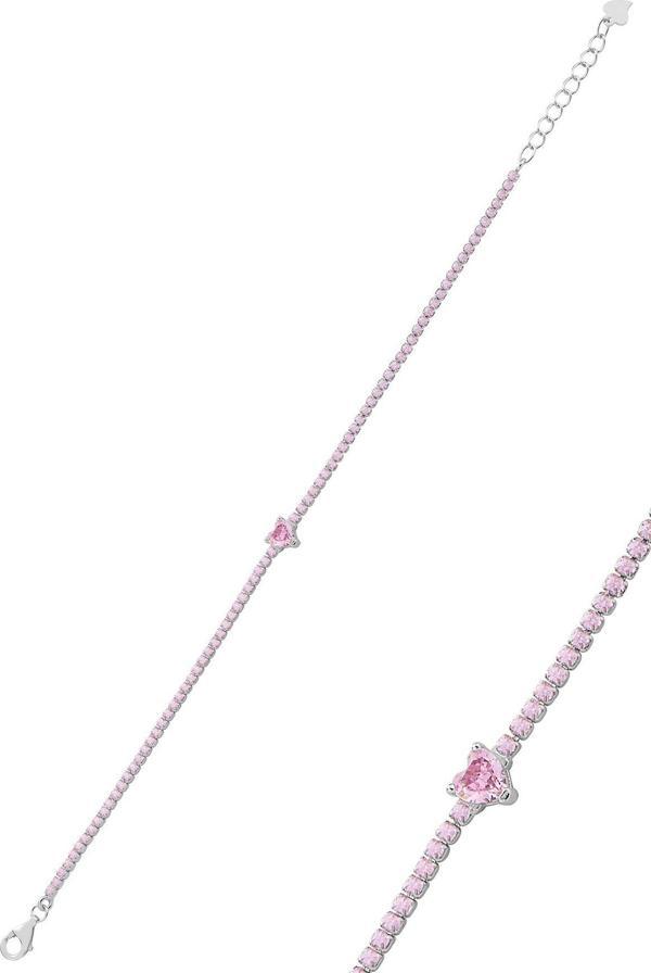 Gümüş rodyumlu pembe taşlı romantik kalp su yolu bileklik  [barcode] - Image 1