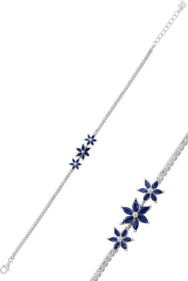 Gümüş rodyumlu markiz kesim safir taşlı lotus çiçekler su yolu bileklik [barcode] - Image 1