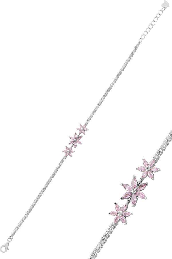 Gümüş rodyumlu markiz kesim pembe taşlı lotus çiçekler su yolu bileklik [barcode] - Image 1