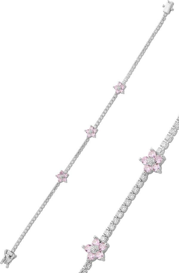 Gümüş rodyumlu zirkon taşlı pembe çiçekler su yolu bileklik [barcode] - Image 1