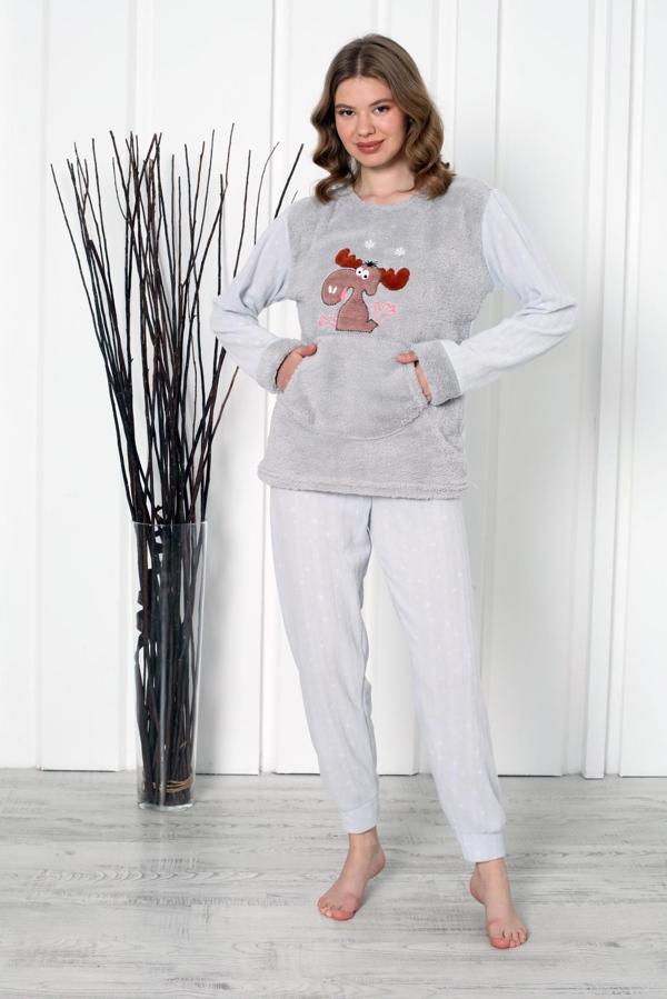 Fawn 04-3301 Peluş Welsoft Polar Kışlık Yumoş Geyikli Kadın Pijama Takımı - Image 1