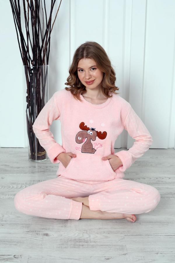 Fawn 04-3301 Peluş Welsoft Polar Kışlık Yumoş Geyikli Kadın Pijama Takımı - Image 1