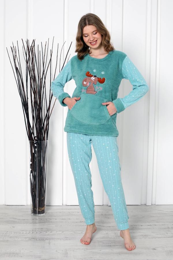 Fawn 04-3301 Peluş Welsoft Polar Kışlık Yumoş Geyikli Kadın Pijama Takımı - Image 1