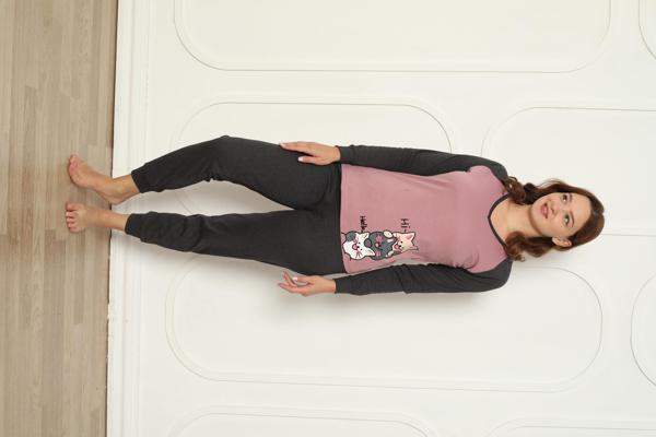 Fawn 04-3024 İnterlok Kumaş Minnoş Kedili Kışlık Ev Kadın Pijama Takımı - Image 1