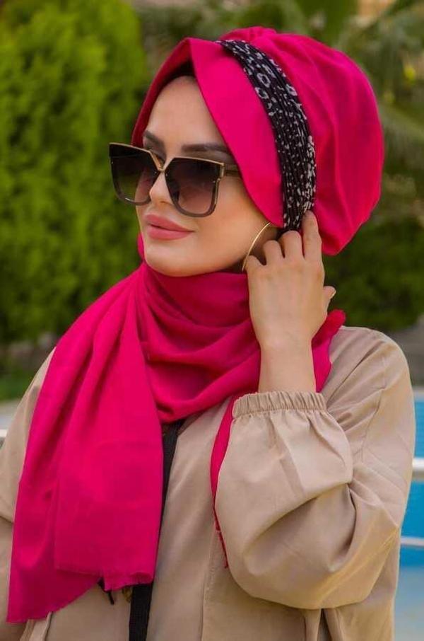 Fuşya Bantlı Dantelli Şapka Şal - Image 1