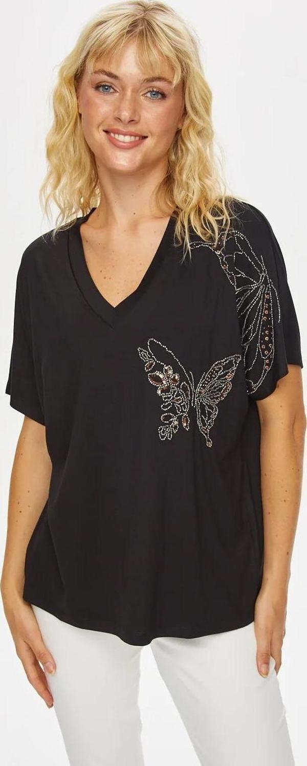 Faik Sönmez Kelebek Desen Boncuk Nakışlı V Yaka Kadın T-shirt 69578 - Image 1