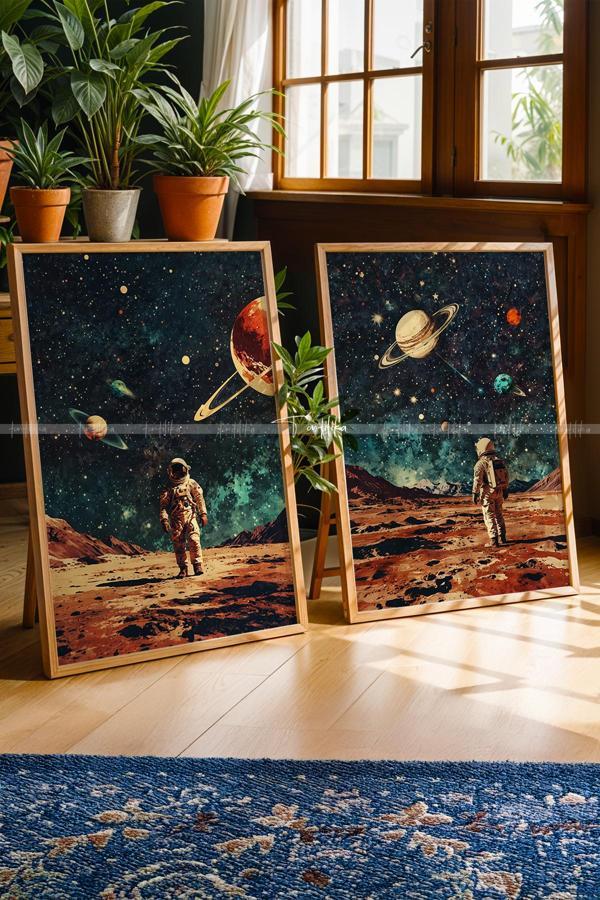 Uzay Temalı Astronot 2'li Ahşap Çerçeveli Tablo Seti - Image 1