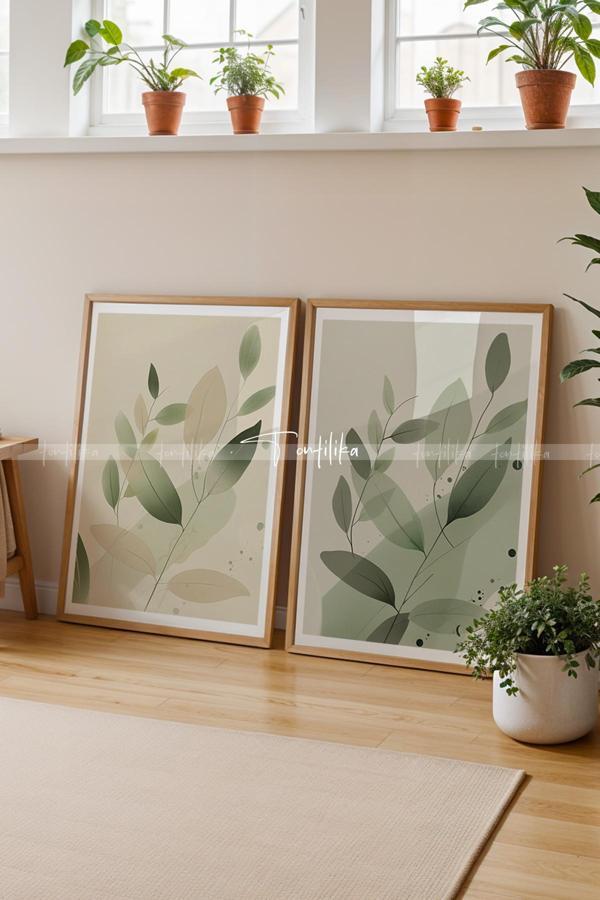Minimalist Yeşil Yaprak Tasarımlı Ahşap Çerçeveli 2'li Tablo Seti-21x30 - Image 1