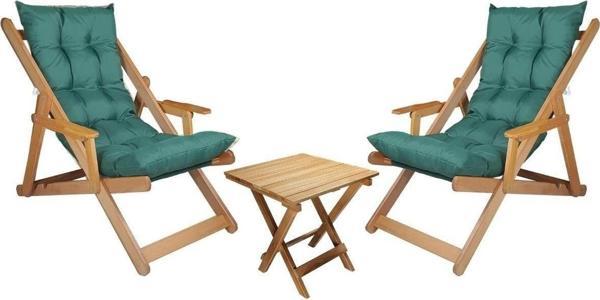 Bysay Ahşap Katlanabilir Taşınır Puf Minderli Kollu Şezlong Plaj Bahçe Balkon 3 Lü Set (Haki) - Image 1