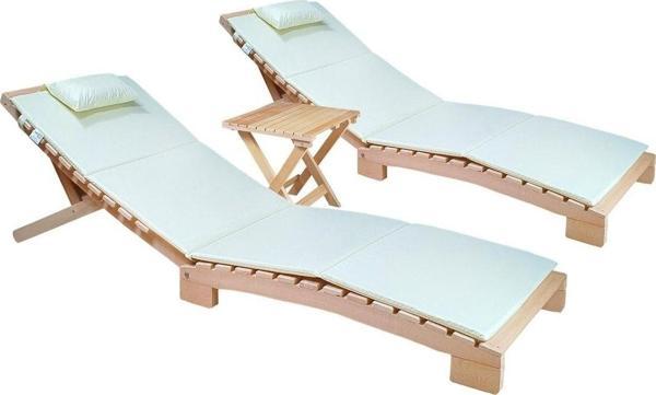 Bysay Ahşap Katlanabilir Yatar Şezlong Plaj Yatağı Minder Dahil 3 Lü Set (Naturel - Krem) - Image 1