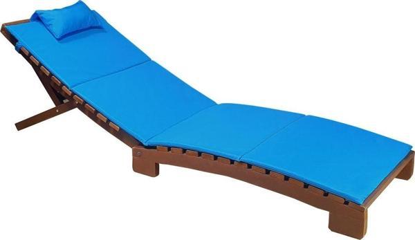 Bysay Ahşap Katlanabilir Yatar Şezlong 3 Kademe Plaj Yatağı Minder Dahil (Ceviz - Turkuaz) - Image 1