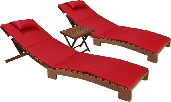 Bysay Ahşap Katlanabilir Yatar Şezlong Plaj Yatağı Minder Dahil 3 Lü Set (Ceviz - Kırmızı) - Image 1