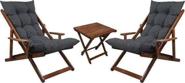 Bysay Ahşap Katlanabilir Taşınır Puf Minderli Kollu Şezlong. Plaj, Bahçe, Için 3 Lü Set (Ceviz-Antrasit) - Image 1