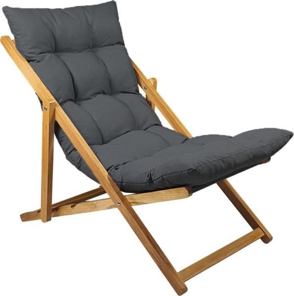 Bysay Ahşap Katlanabilir Taşınır Puf Minderli Şezlong. Plaj, Bahçe, Teras, Balkon İçin (Antrasit) - Image 1