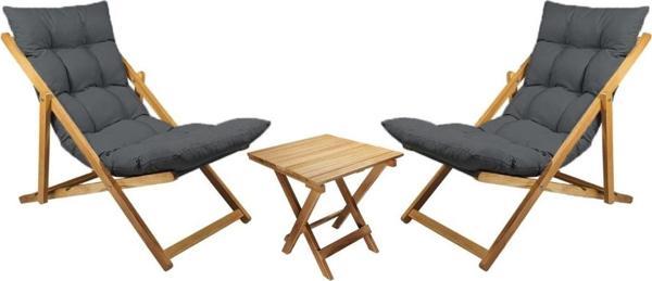 Bysay Ahşap Katlanır Taşınır Puf Minderli Şezlong. Plaj Bahçe Teras Balkon İçin 3 Lü Set-Antrasit - Image 1