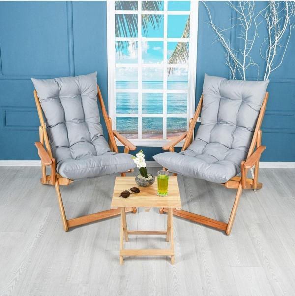 Bysay Ahşap Bahçe Takımı Katlanır Kollu Şezlong 3 Lü Set (Gri) - Image 1