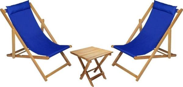 Bysay Ahşap Katlanabilir Bahçe Seti, Masa Sandalye 3 Lü Set, Teras Plaj Balkon Şezlongu (Mavi) - Image 1