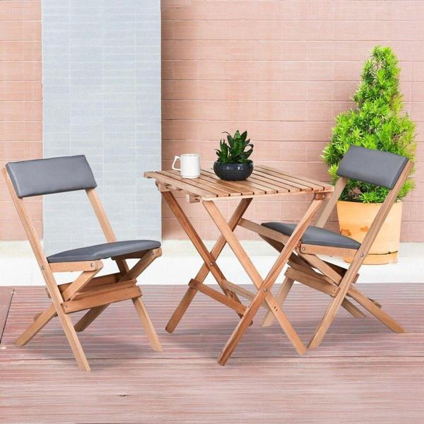 Bysay Ahşap Katlanır Döşeme Minderli 3 Lü Bistro Set Bahçe Takımı (Naturel-Gri) - Image 1