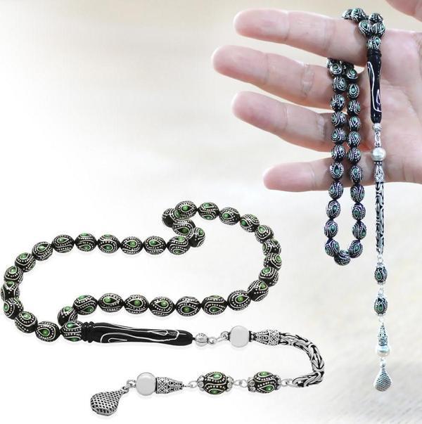 925 Ayar Gümüş Kral Zincir Püsküllü Gümüş-Mine İşlemeli Arpa Kesim Erzurum Oltu Taşı Tesbih - Image 1