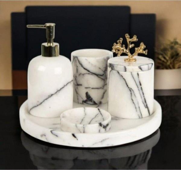 Urestone Leylak Mermer 5 Parça Banyo Seti-Tepsi-Katı Sabunluk-Sıvı Sabunluk-Diş Fırçalık-Pamukluk - Image 1