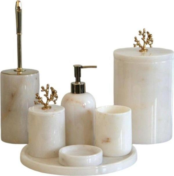 Urestone Beyaz Mermer 7 Parça Banyo Seti-Tepsi-Katı-Sıvı Sabunluk-Diş Fırçalık-Pamukluk-Çöp Kovası-Wc Fırçası - Image 1