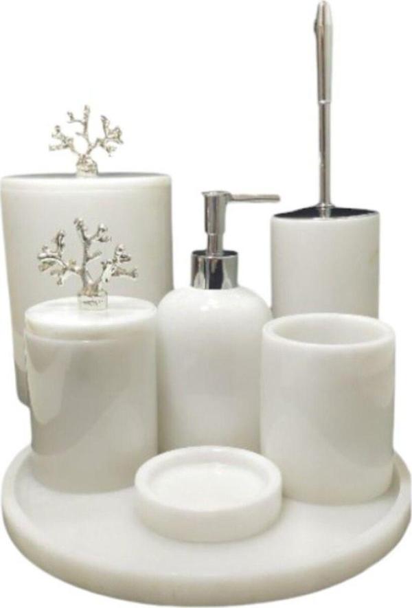 Urestone Mermer 7 Parça Banyo Seti-Mermer Tepsi-Sabunluk-Sıvı Sabunluk-Diş Fırçalık-Pamukluk-Çöp Kovası - Image 1