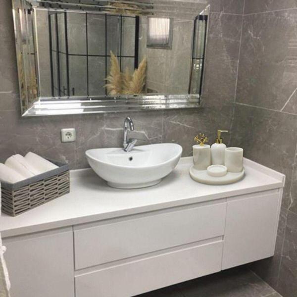 Urestone Beyaz Mermer 5 Parça Banyo Seti-Tepsi-Katı Sabunluk-Sıvı Sabunluk-Diş Fırçalık-Pamukluk - Image 1