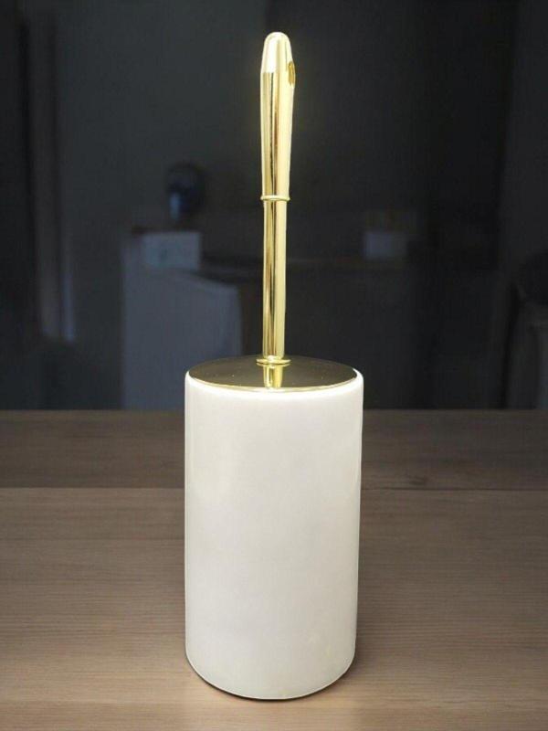Urestone Mermer Wc Fırçası-Mermer Tuvalet Klozet Fırçası-Beyaz Mermer Gold Aksesuarlı - Image 1