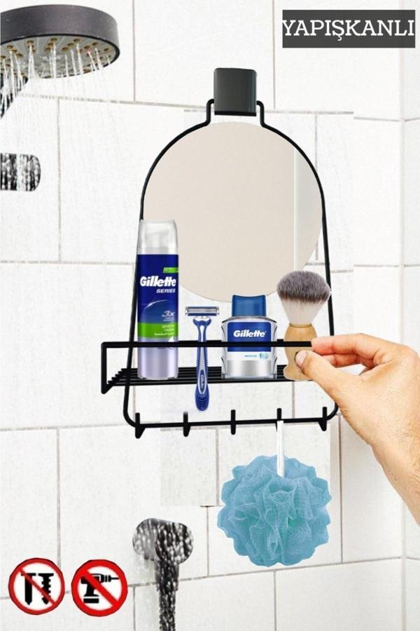 Decorev DC-5597 Dekoratif Yapıştırmalı Aynalı Banyo Askısı Duşa Kabin Raflı Siyah - Image 1