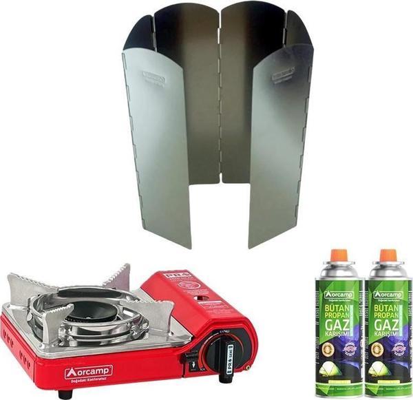 Orcamp Tekli Mini Portatif Ocak Kırmızı+2 Adet Kartuş KTS-227+ 6 Kanatlı Büyük Rüzgarlık ORC-013-K2 - Image 1