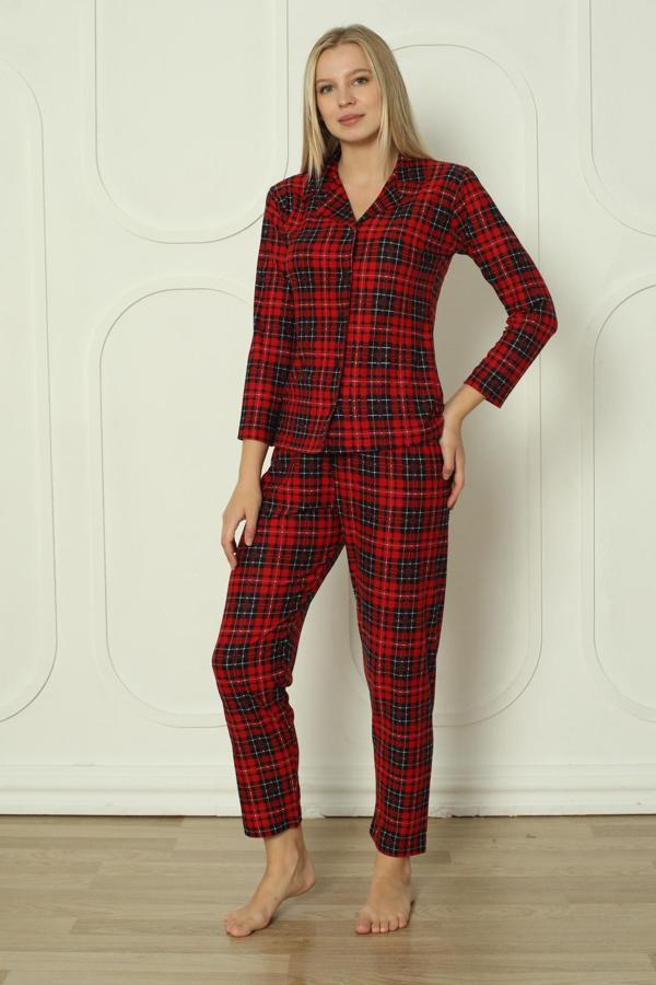 Fawn 3702 Boydan Düğmeli Soft Süet Kışlık Kareli Kadın Pijama Takımı - Image 1