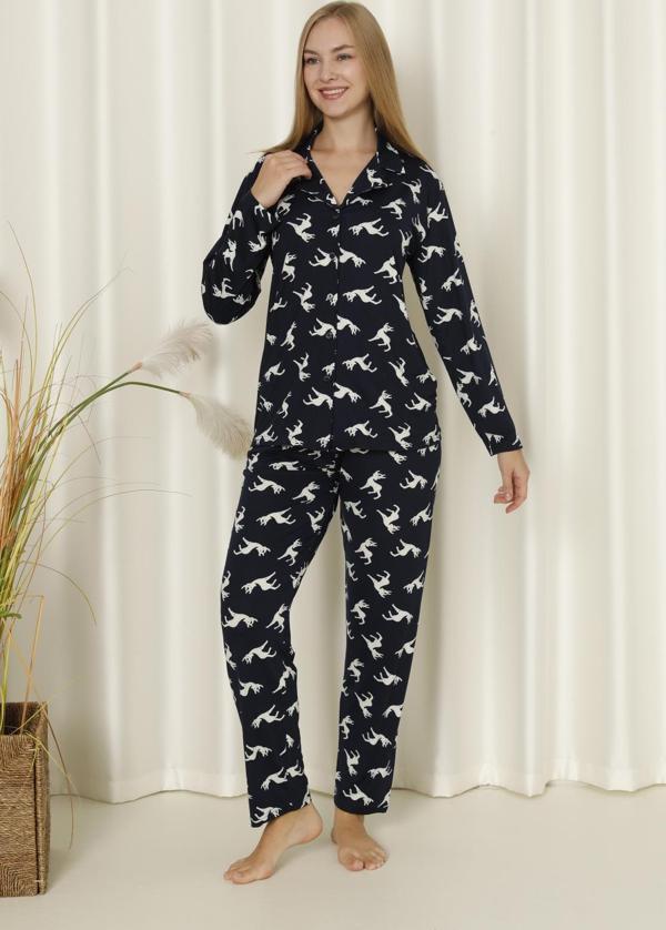 Mirano 9510 Milan Yumuşak Kumaş Boydan Düğmeli Geyikli Uzun Kollu Kadın Pijama Takımı - Image 1