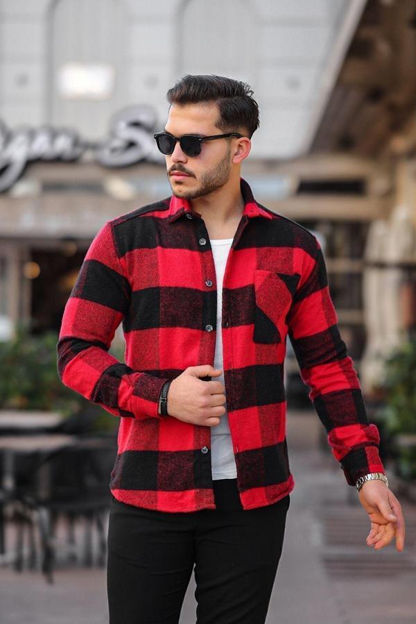 Mero Life Erkek Kırmızı-Siyah Oversize Kareli Ekoseli Pamuklu Kalın Kumaş Oduncu Ceket Gömlek - Image 1