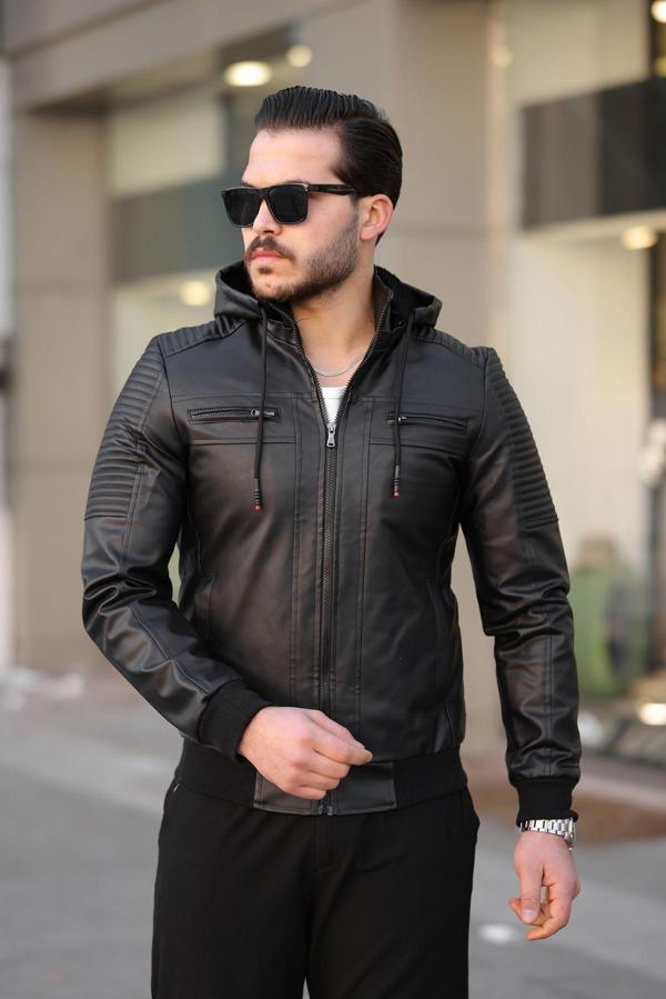Mero Life Erkek Siyah Dar Kesim Kapüşonlu Bel Lastikli Ribanalı Deri Ceket & Mont - Image 1