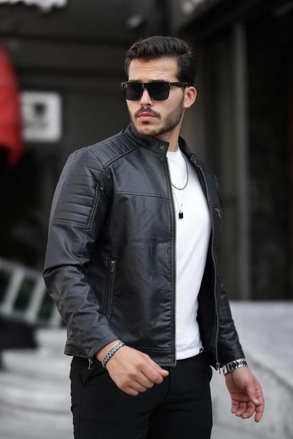 Mero Life Erkek Siyah Dar Kesim Deri Ceket - Image 1