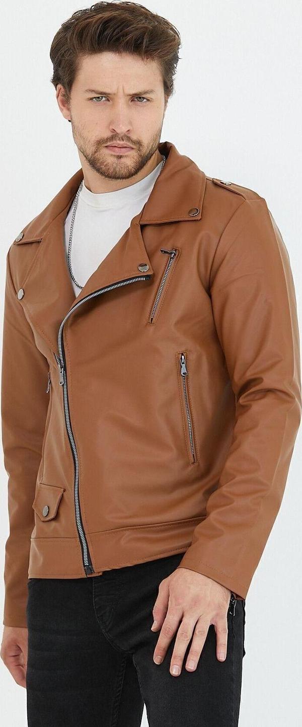 Mero Life Erkek Taba Yeni Sezon Çapraz Fermuarlı Deri Ceket - Image 1