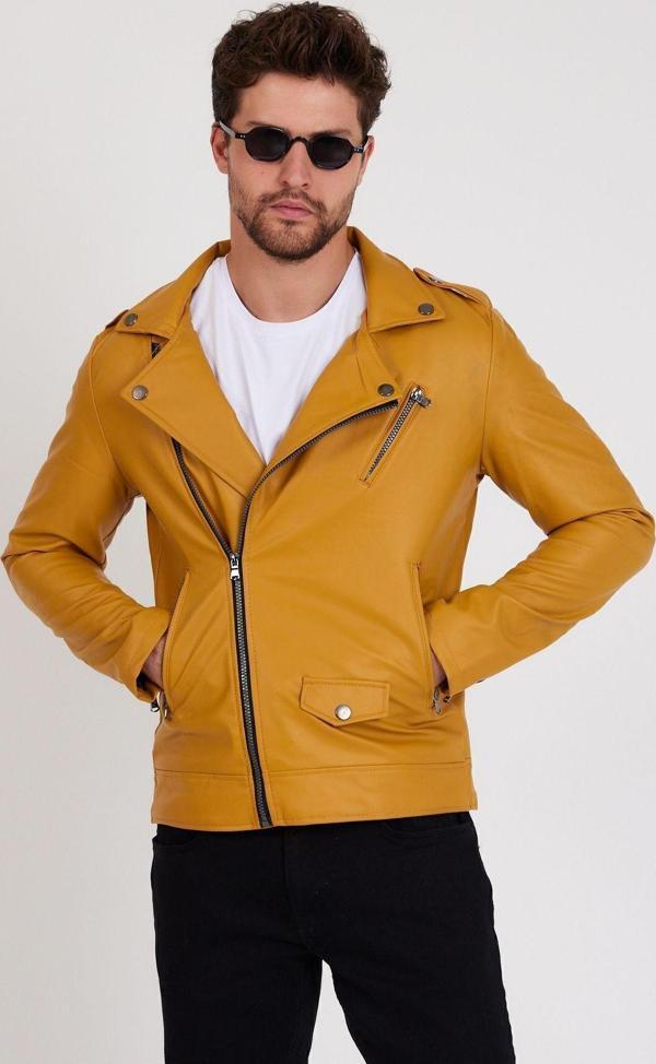 Mero Life Erkek Sarı Renk Yeni Sezon Çapraz Fermuarlı Deri Ceket - Image 1