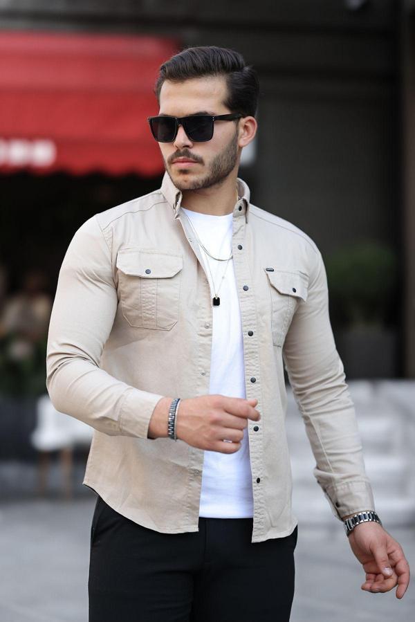 Mero Life Erkek Krem Slim Fit Dar Kesim  Kot Gömlek - Image 1