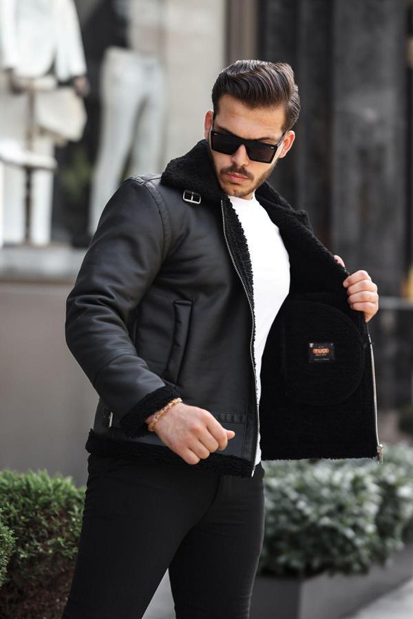 Mero Life Erkek Napa Deri Içi Full Kürklü Yüksek Kalite Slim Fit Siyah Mont & Ceket - Image 1